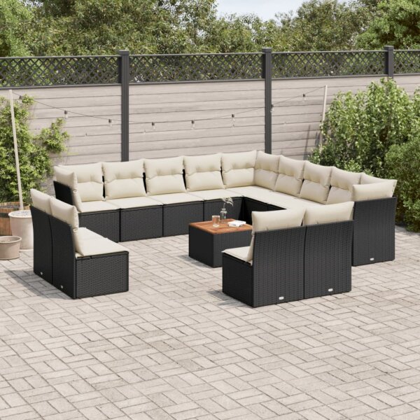 vidaXL 14-tlg. Garten-Sofagarnitur mit Kissen Schwarz Poly Rattan