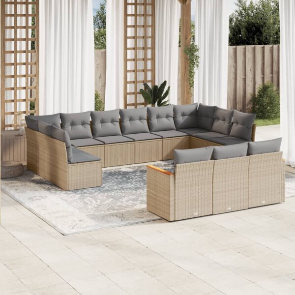 vidaXL 13-tlg. Garten-Sofagarnitur mit Kissen Beige Poly Rattan