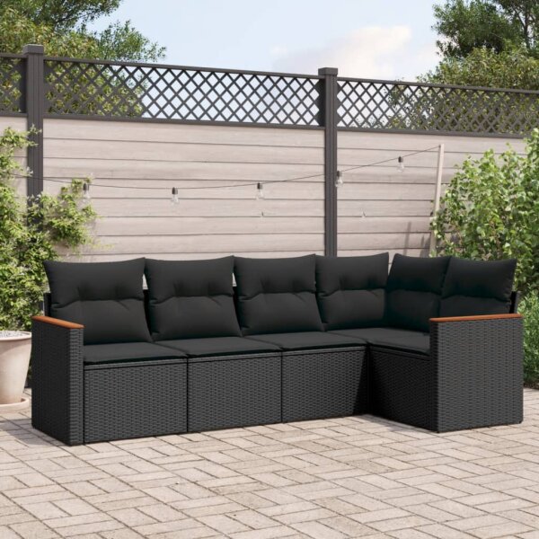 vidaXL 5-tlg. Garten-Sofagarnitur mit Kissen Schwarz Poly Rattan