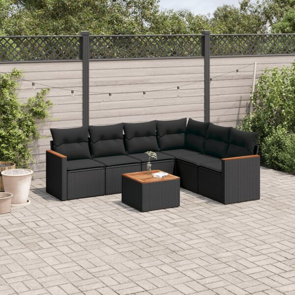 vidaXL 7-tlg. Garten-Sofagarnitur mit Kissen Schwarz Poly Rattan