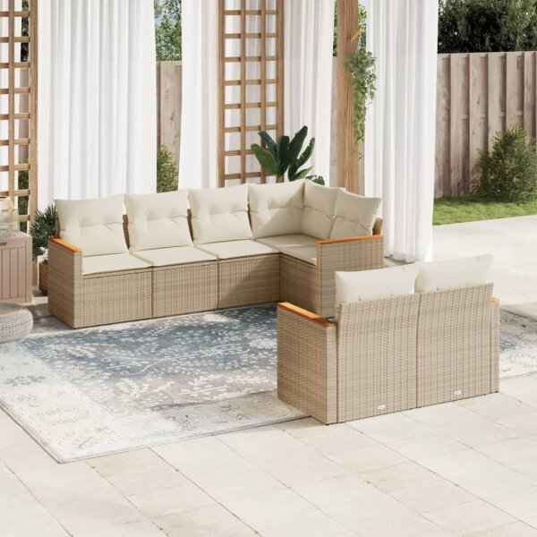 vidaXL 7-tlg. Garten-Sofagarnitur mit Kissen Beige Poly Rattan