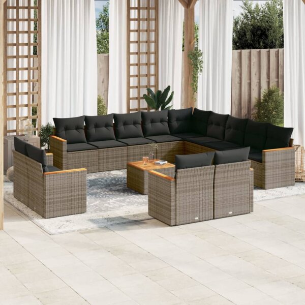 vidaXL 14-tlg. Garten-Sofagarnitur mit Kissen Grau Poly Rattan