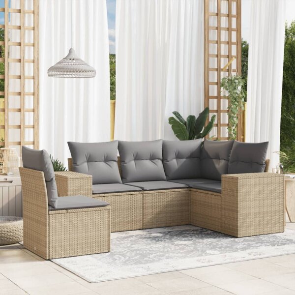 vidaXL 5-tlg. Garten-Sofagarnitur mit Kissen Beige Poly Rattan