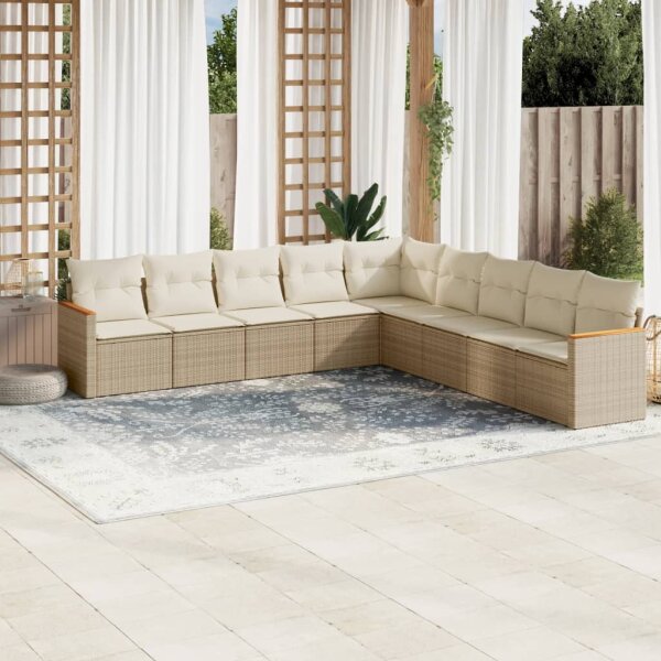 vidaXL 9-tlg. Garten-Sofagarnitur mit Kissen Beige Poly Rattan