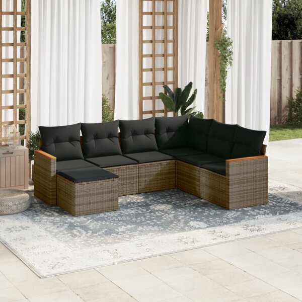 vidaXL 7-tlg. Garten-Sofagarnitur mit Kissen Grau Poly Rattan