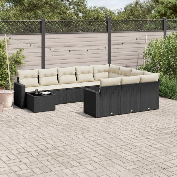 vidaXL 11-tlg. Garten-Sofagarnitur mit Kissen Schwarz Poly Rattan