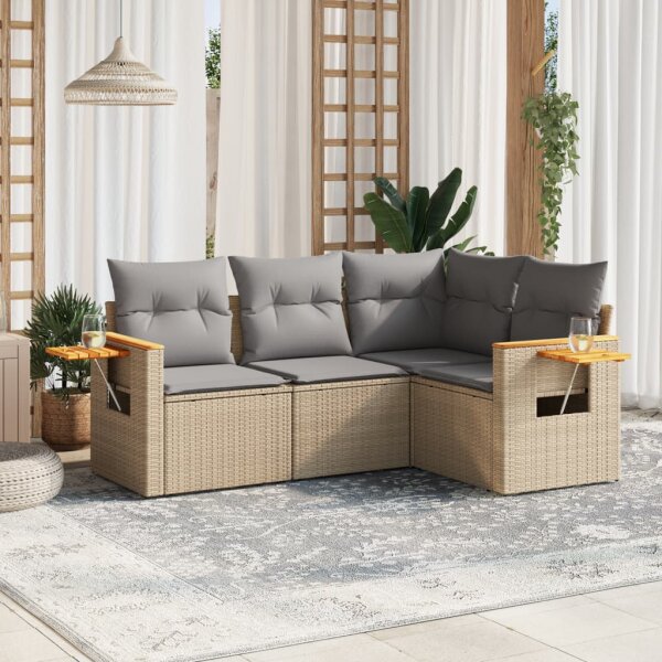 vidaXL 4-tlg. Garten-Sofagarnitur mit Kissen Beige Poly Rattan