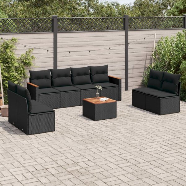 vidaXL 9-tlg. Garten-Sofagarnitur mit Kissen Schwarz Poly Rattan