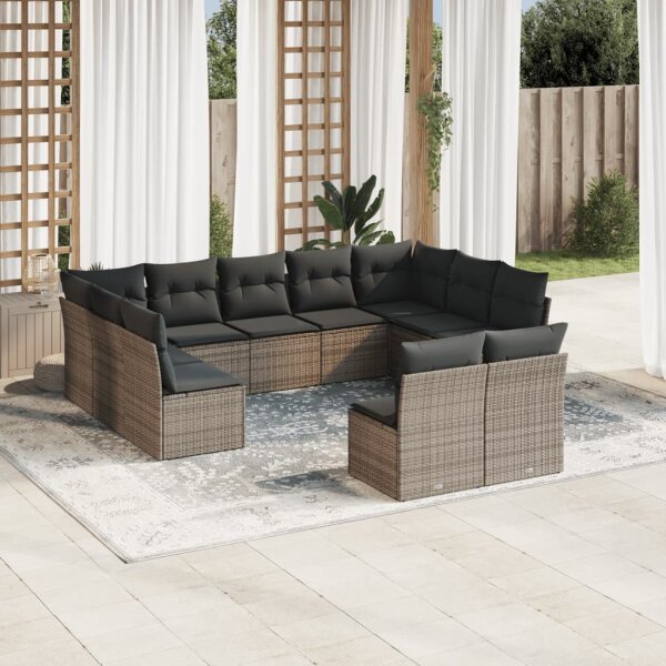 vidaXL 11-tlg. Garten-Sofagarnitur mit Kissen Grau Poly Rattan