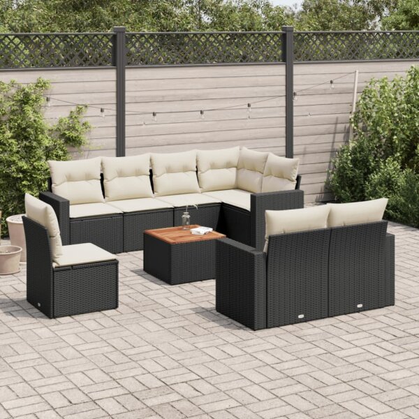 vidaXL 9-tlg. Garten-Sofagarnitur mit Kissen Schwarz Poly Rattan