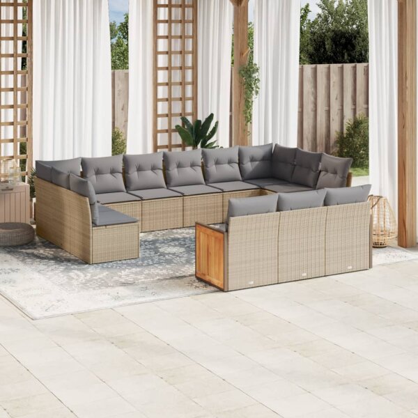 vidaXL 13-tlg. Garten-Sofagarnitur mit Kissen Beige Poly Rattan