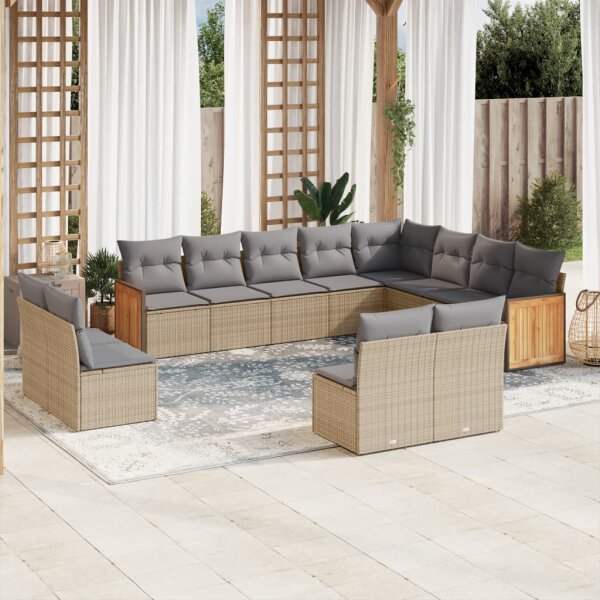 vidaXL 12-tlg. Garten-Sofagarnitur mit Kissen Beige Poly Rattan