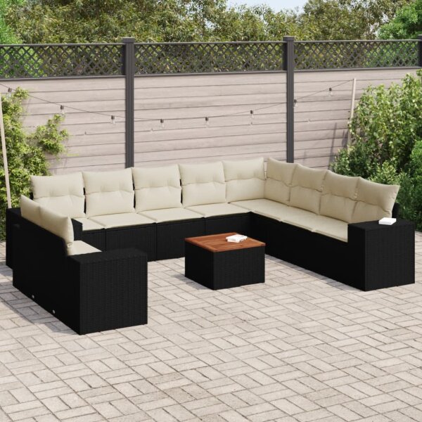 vidaXL 11-tlg. Garten-Sofagarnitur mit Kissen Schwarz Poly Rattan