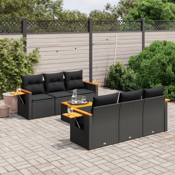 vidaXL 7-tlg. Garten-Sofagarnitur mit Kissen Schwarz Poly Rattan