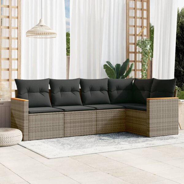 vidaXL 5-tlg. Garten-Sofagarnitur mit Kissen Grau Poly Rattan