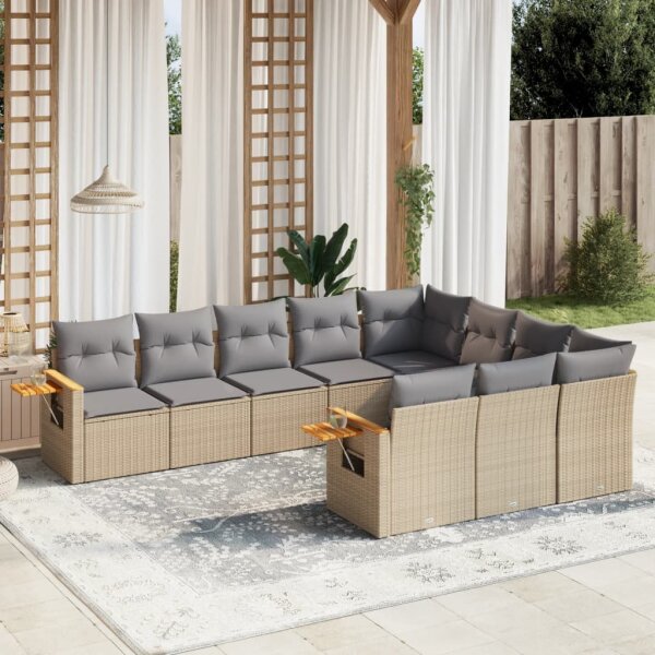 vidaXL 10-tlg. Garten-Sofagarnitur mit Kissen Beige Poly Rattan