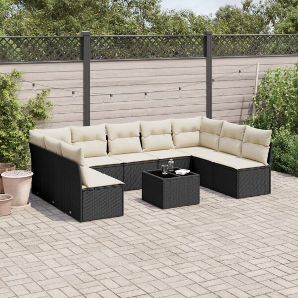 vidaXL 10-tlg. Garten-Sofagarnitur mit Kissen Schwarz Poly Rattan