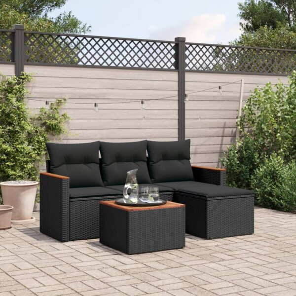 vidaXL 5-tlg. Garten-Sofagarnitur mit Kissen Schwarz Poly Rattan