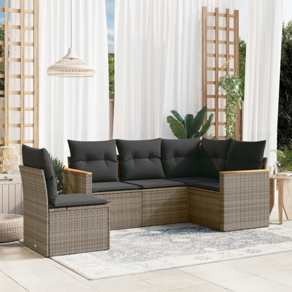 vidaXL 5-tlg. Garten-Sofagarnitur mit Kissen Grau Poly Rattan