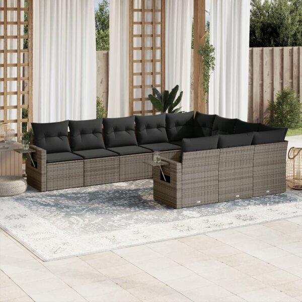 vidaXL 10-tlg. Garten-Sofagarnitur mit Kissen Grau Poly Rattan