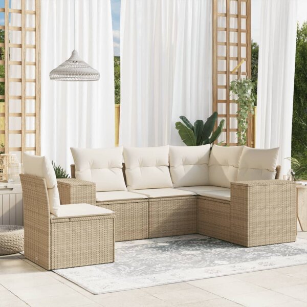 vidaXL 5-tlg. Garten-Sofagarnitur mit Kissen Beige Poly Rattan