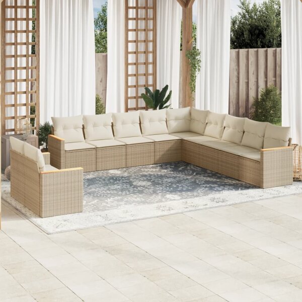 vidaXL 11-tlg. Garten-Sofagarnitur mit Kissen Beige Poly Rattan