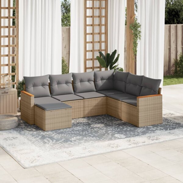 vidaXL 7-tlg. Garten-Sofagarnitur mit Kissen Beige Poly Rattan