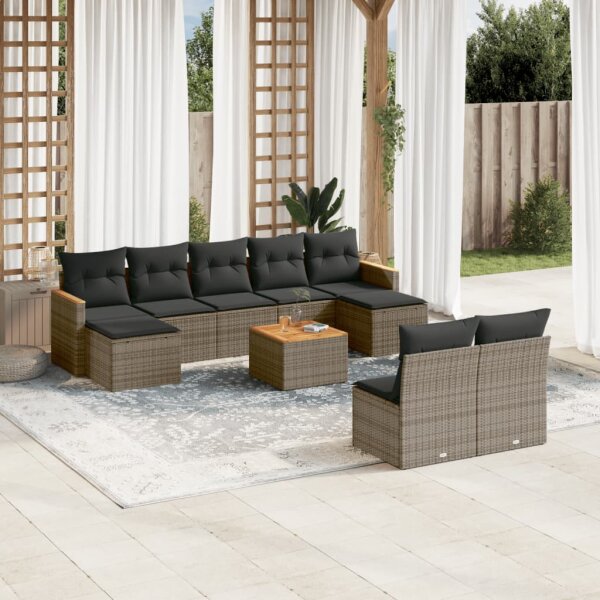 vidaXL 10-tlg. Garten-Sofagarnitur mit Kissen Grau Poly Rattan