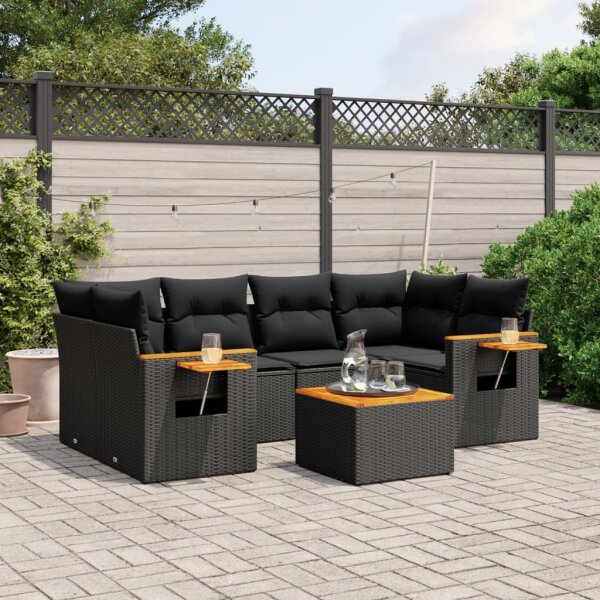 vidaXL 7-tlg. Garten-Sofagarnitur mit Kissen Schwarz Poly Rattan