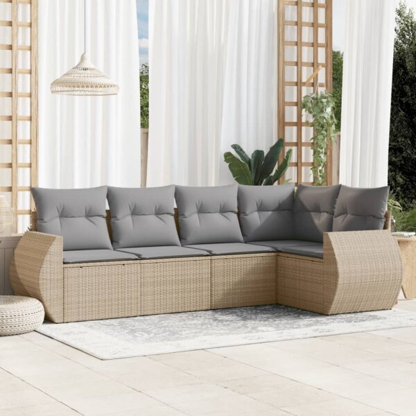 vidaXL 5-tlg. Garten-Sofagarnitur mit Kissen Beige Poly Rattan