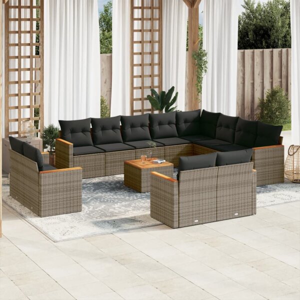 vidaXL 13-tlg. Garten-Sofagarnitur mit Kissen Grau Poly Rattan