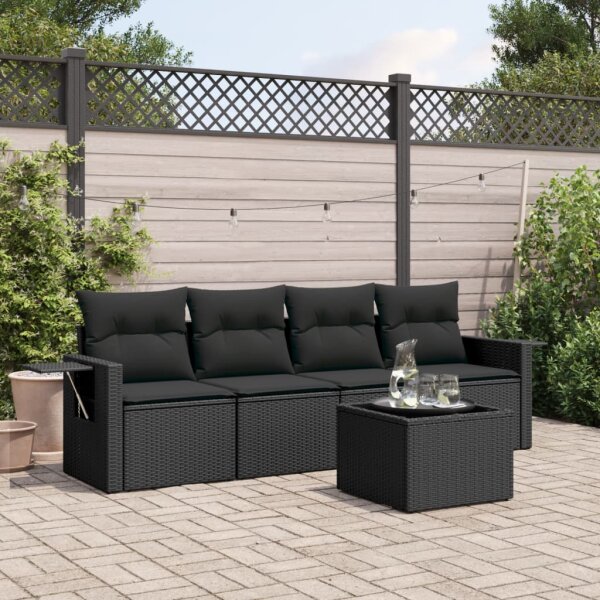 vidaXL 5-tlg. Garten-Sofagarnitur mit Kissen Schwarz Poly Rattan