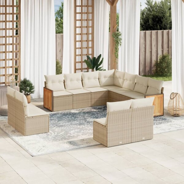 vidaXL 11-tlg. Garten-Sofagarnitur mit Kissen Beige Poly Rattan