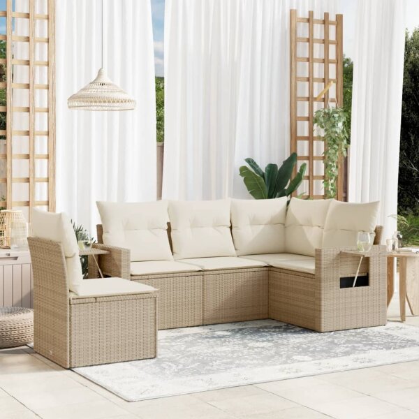 vidaXL 5-tlg. Garten-Sofagarnitur mit Kissen Beige Poly Rattan