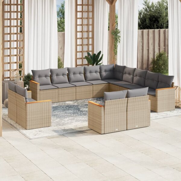 vidaXL 13-tlg. Garten-Sofagarnitur mit Kissen Beige Poly Rattan