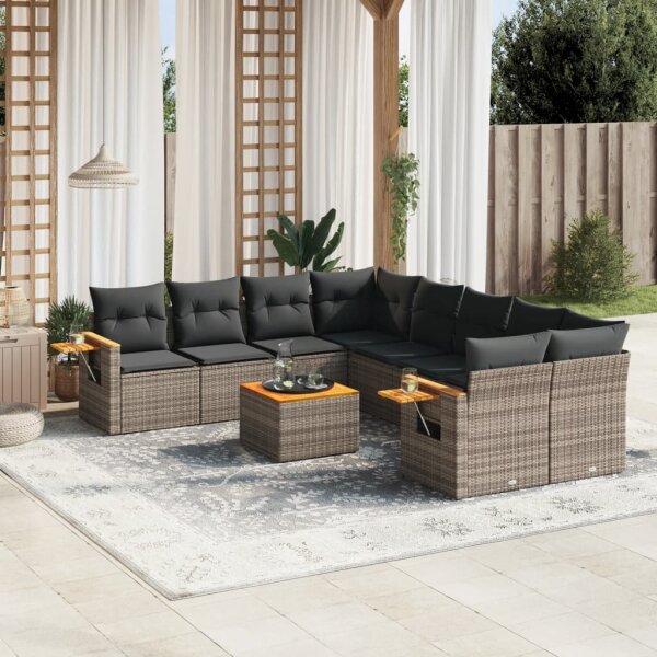 vidaXL 9-tlg. Garten-Sofagarnitur mit Kissen Grau Poly Rattan