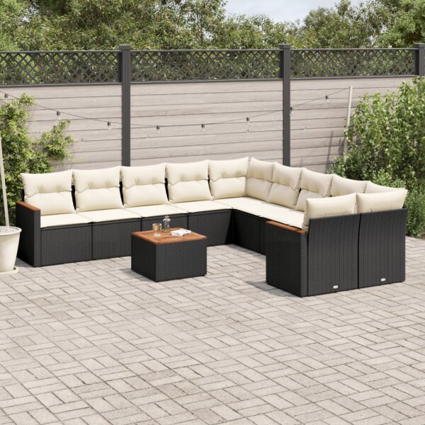 vidaXL 11-tlg. Garten-Sofagarnitur mit Kissen Schwarz Poly Rattan