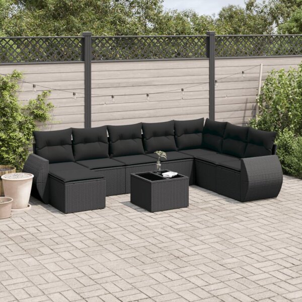 vidaXL 9-tlg. Garten-Sofagarnitur mit Kissen Schwarz Poly Rattan