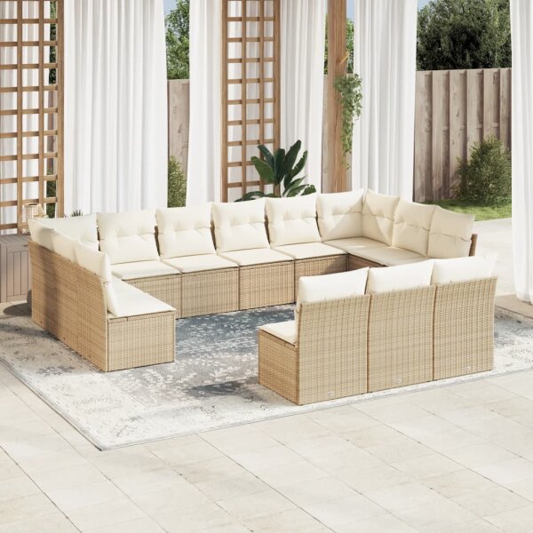 vidaXL 13-tlg. Garten-Sofagarnitur mit Kissen Beige Poly Rattan