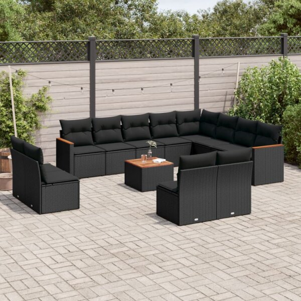 vidaXL 13-tlg. Garten-Sofagarnitur mit Kissen Schwarz Poly Rattan