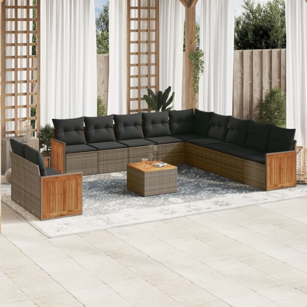 vidaXL 12-tlg. Garten-Sofagarnitur mit Kissen Grau Poly Rattan