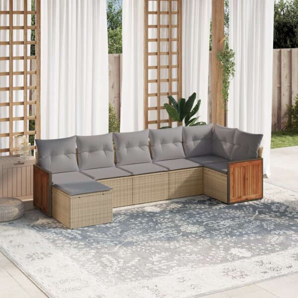 vidaXL 7-tlg. Garten-Sofagarnitur mit Kissen Beige Poly Rattan