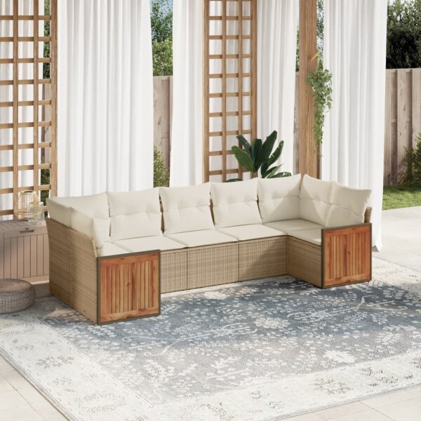 vidaXL 7-tlg. Garten-Sofagarnitur mit Kissen Beige Poly Rattan