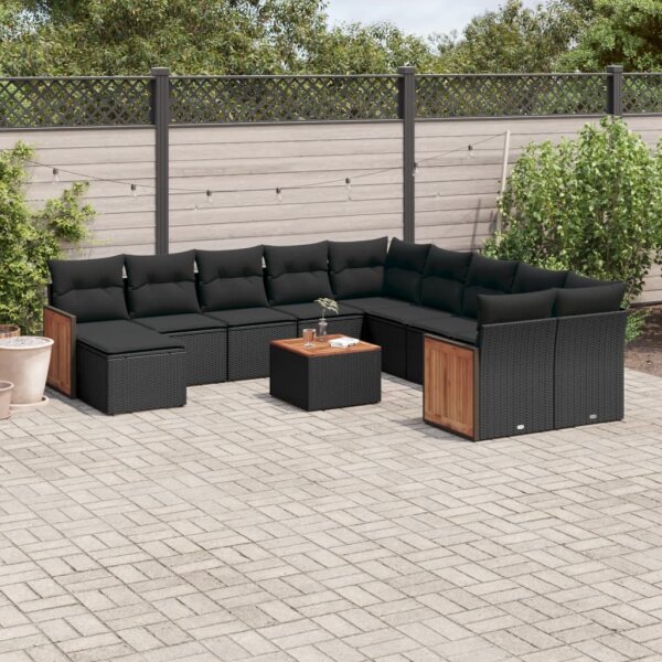 vidaXL 12-tlg. Garten-Sofagarnitur mit Kissen Schwarz Poly Rattan