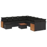 vidaXL 12-tlg. Garten-Sofagarnitur mit Kissen Schwarz Poly Rattan