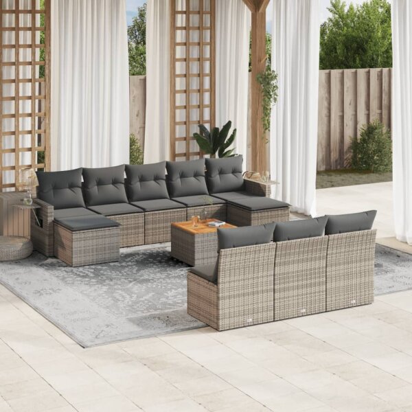 vidaXL 11-tlg. Garten-Sofagarnitur mit Kissen Grau Poly Rattan