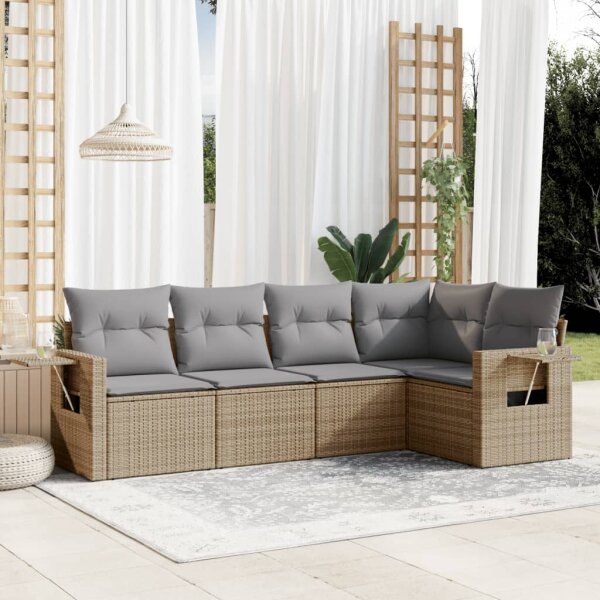 vidaXL 5-tlg. Garten-Sofagarnitur mit Kissen Beige Poly Rattan