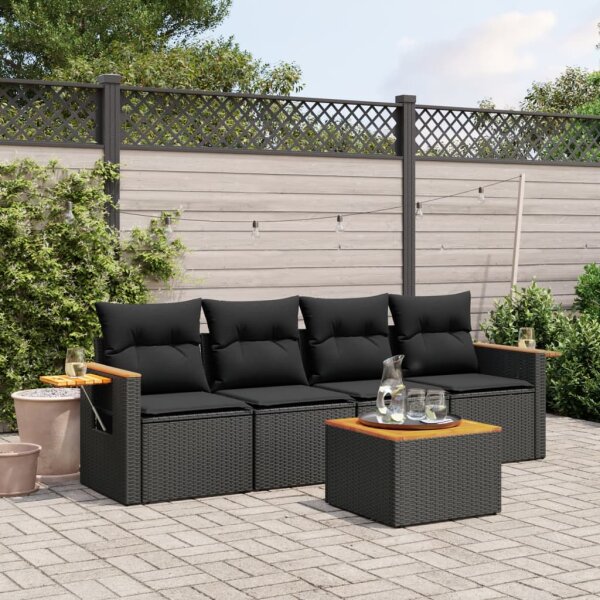 vidaXL 5-tlg. Garten-Sofagarnitur mit Kissen Schwarz Poly Rattan