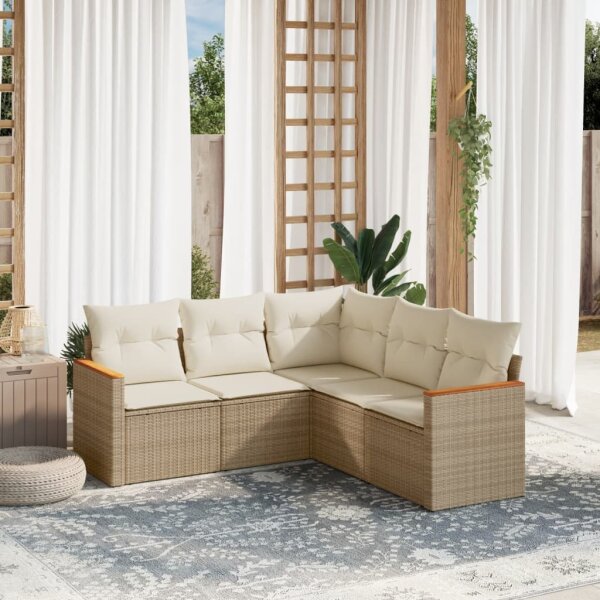 vidaXL 5-tlg. Garten-Sofagarnitur mit Kissen Beige Poly Rattan