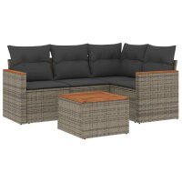 vidaXL 5-tlg. Garten-Sofagarnitur mit Kissen Grau Poly Rattan